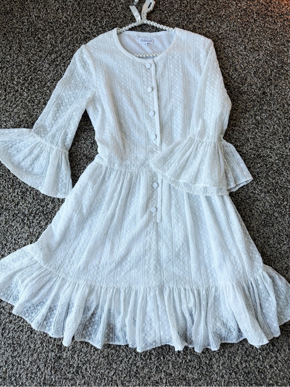 Claudie Pierlot White Cotton Lace Ruffle Sleeve Button Front Dress